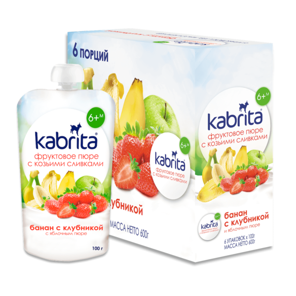Vaisių tyrė Kabrita® “Bananas su braškėmis” nuo 6 mėnesių 100 g 12 vnt. (Kabrita-box)