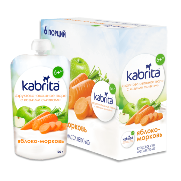 Vaisių ir daržovių tyrė Kabrita® “Obuolys-morka” nuo 6 mėnesių, 100 g 12 vnt. (Kabrita-box)