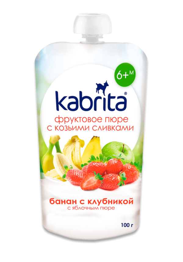 Vaisių tyrė Kabrita® “Bananas su braškėmis” nuo 6 mėnesių 100 g 12 vnt. (Kabrita-box)