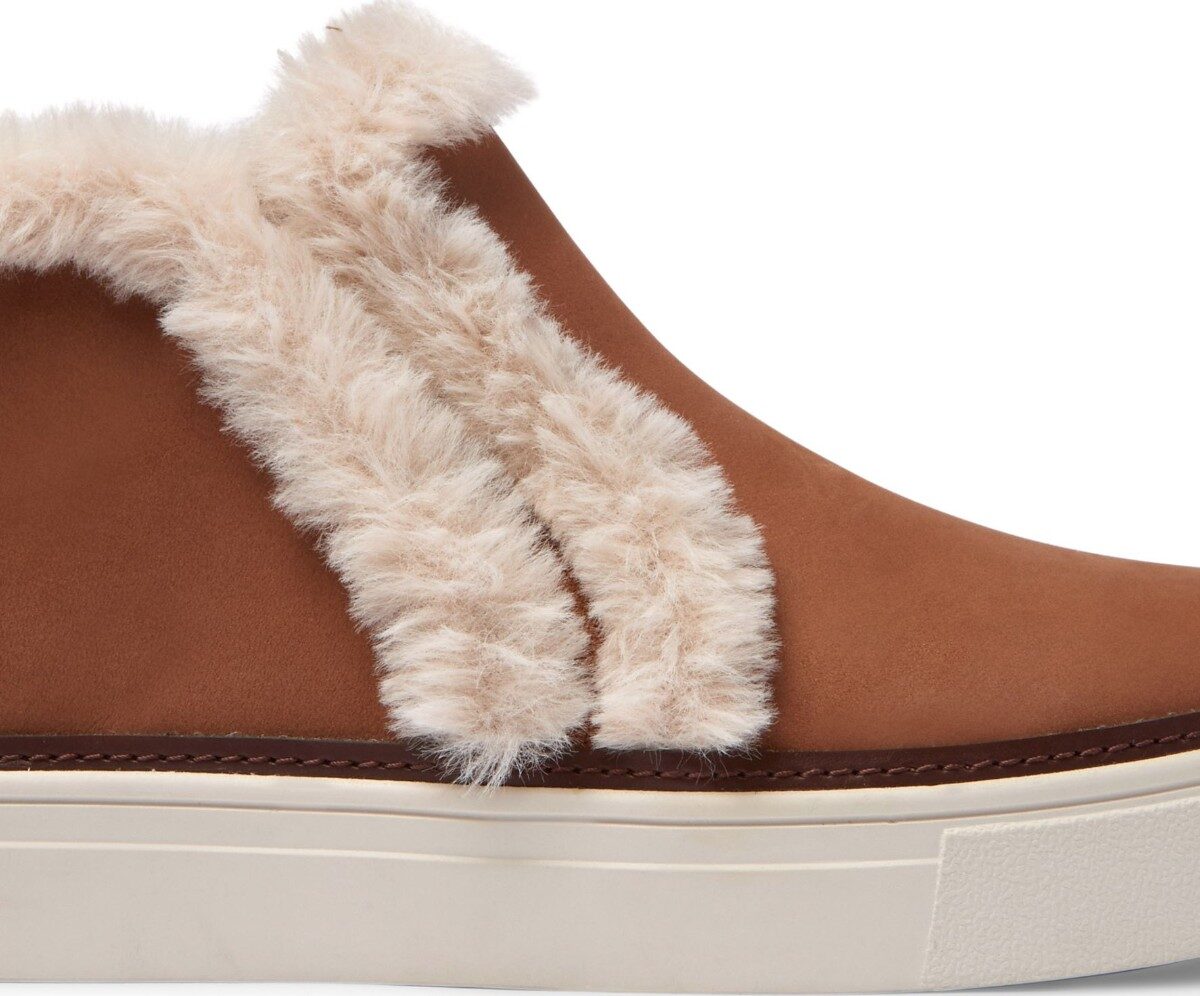 b1407645a4515e789034ad8bf17e344d TOMS Leather Faux Fur Women's Bryce Sneaker Brown Sugar